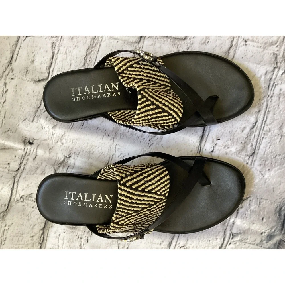 Italian Shoemakers Black Woven Wedge Sandals Platform Toe Loop Slides Size 7.5